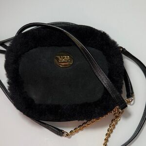 UGG Black Faux Fur Round Crossbody with Gold Chain
